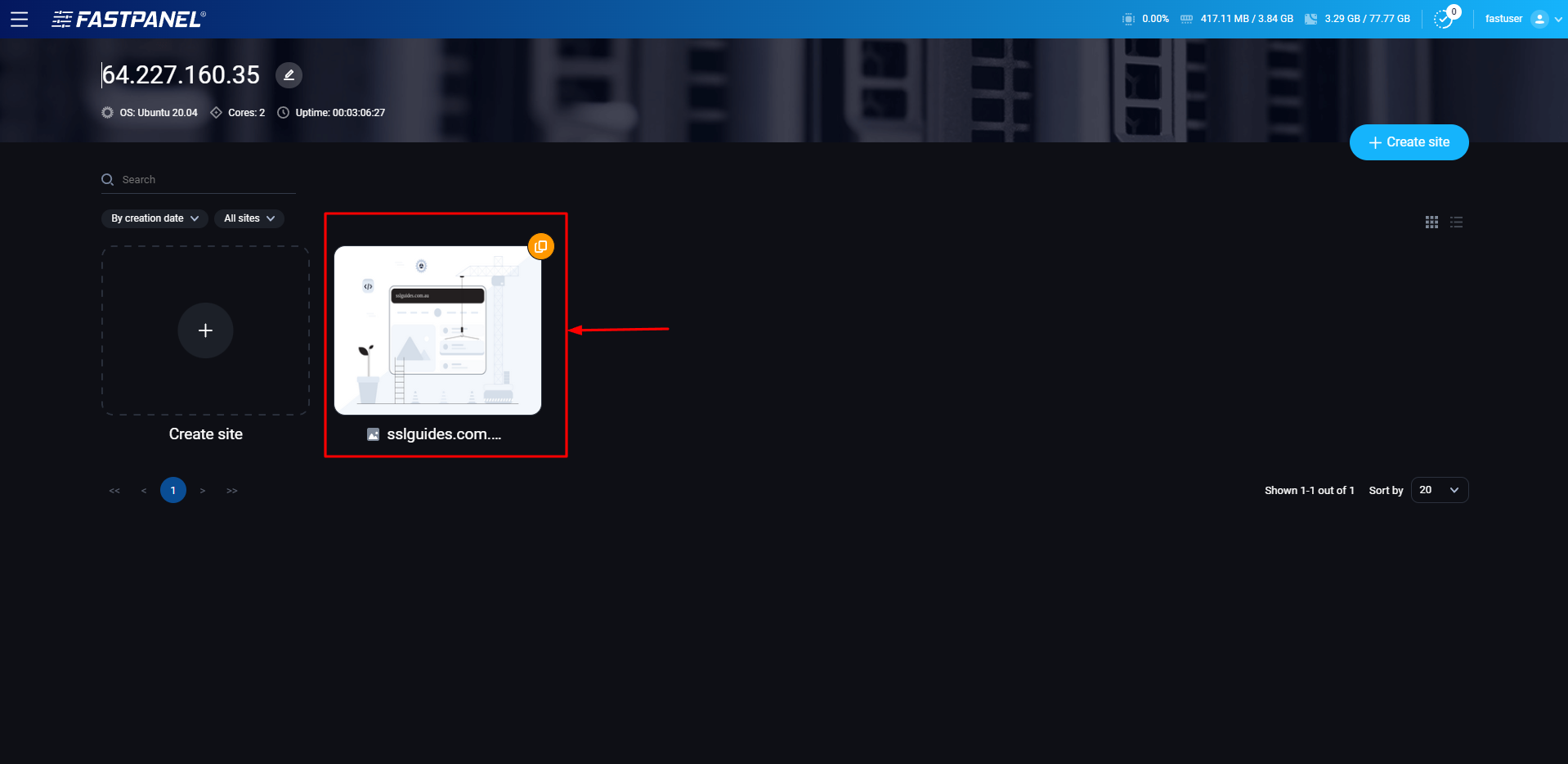 FastPanel Dashboard Website Select