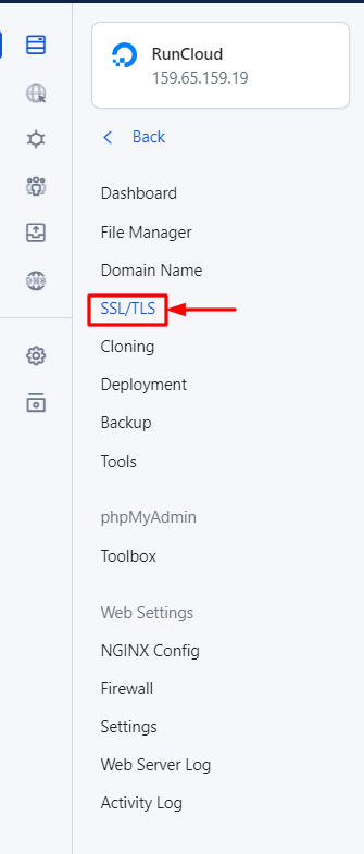 RunCloud Menu SSL/TLS Select